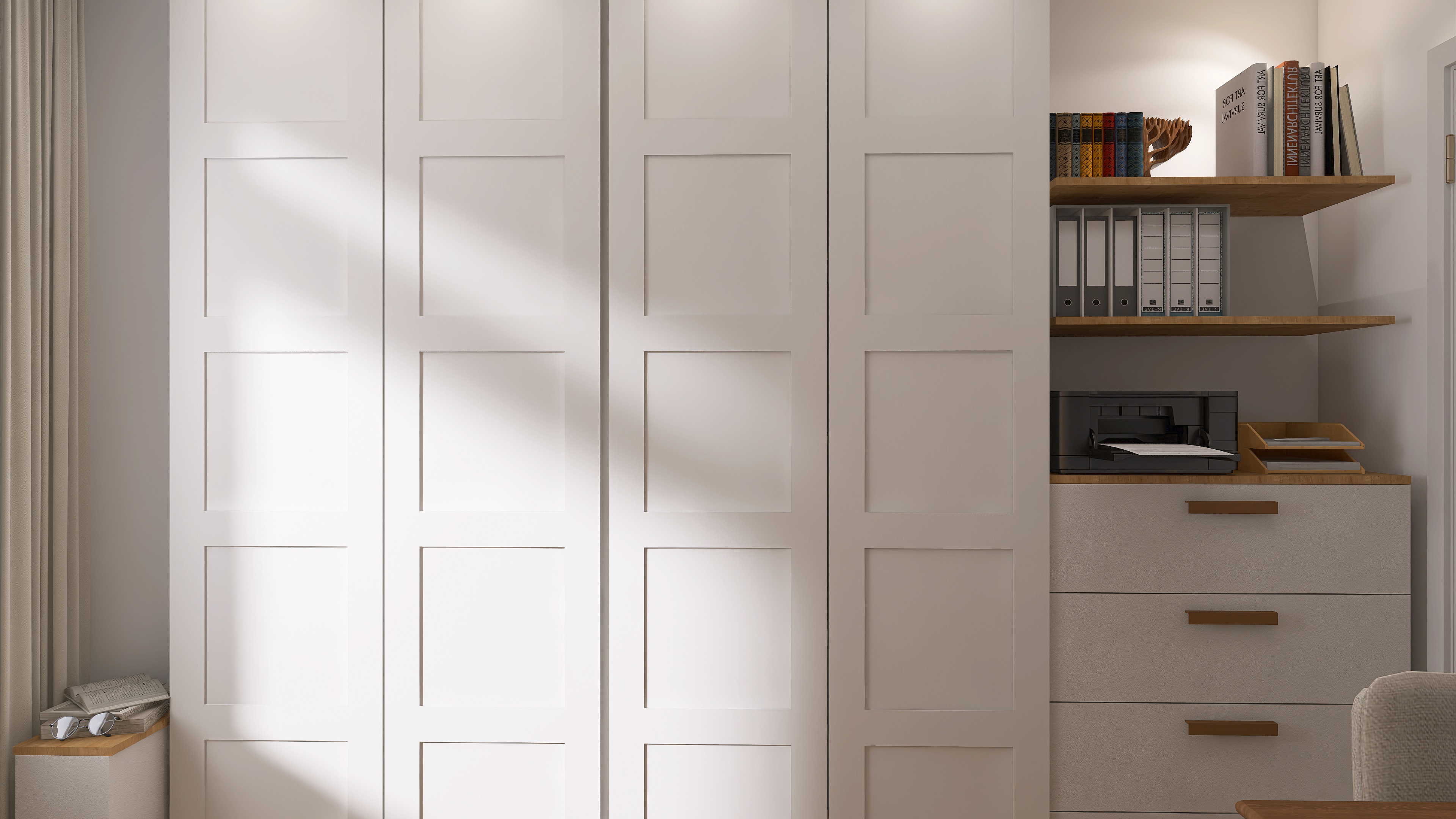 modułowa szafa PAX IKEA jako garderoba w pokoju wielofunkcyjnym